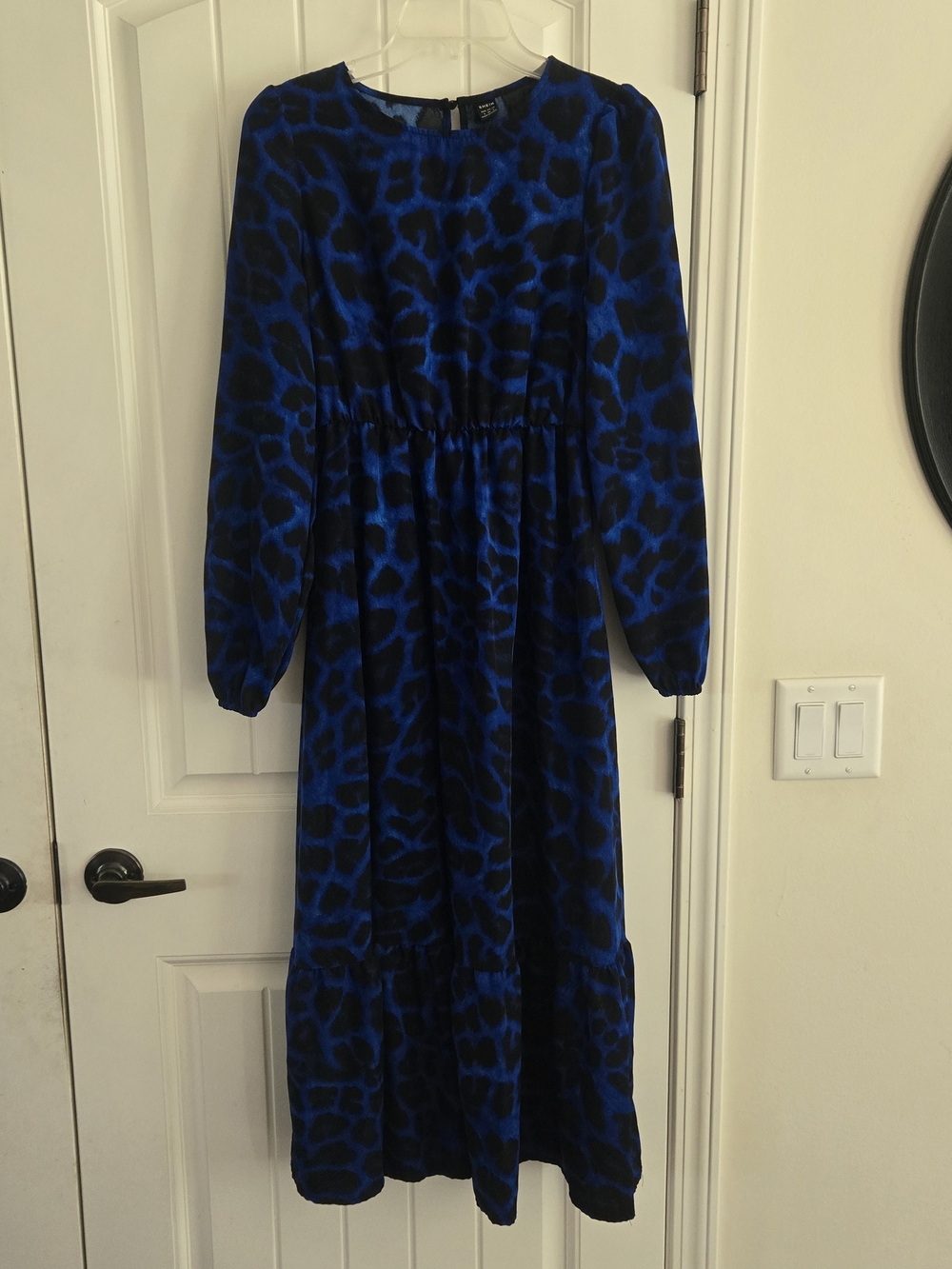 Cobalt Blue Leopard Animal Print Tiered Midi Dress Blouson Sleeve Size S